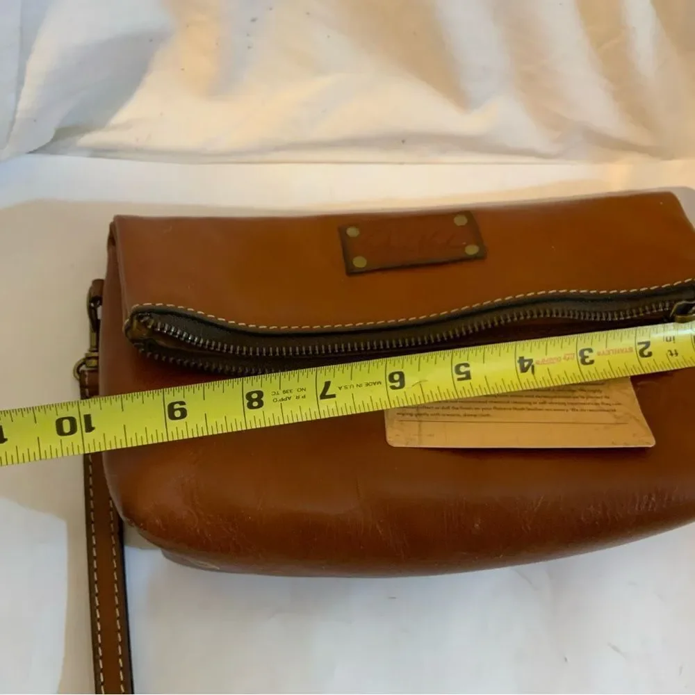 New PATRICIA NASH Fold Over Leather Wristlet Clutch Purse VALERIE TAN 9 1/2 x 5